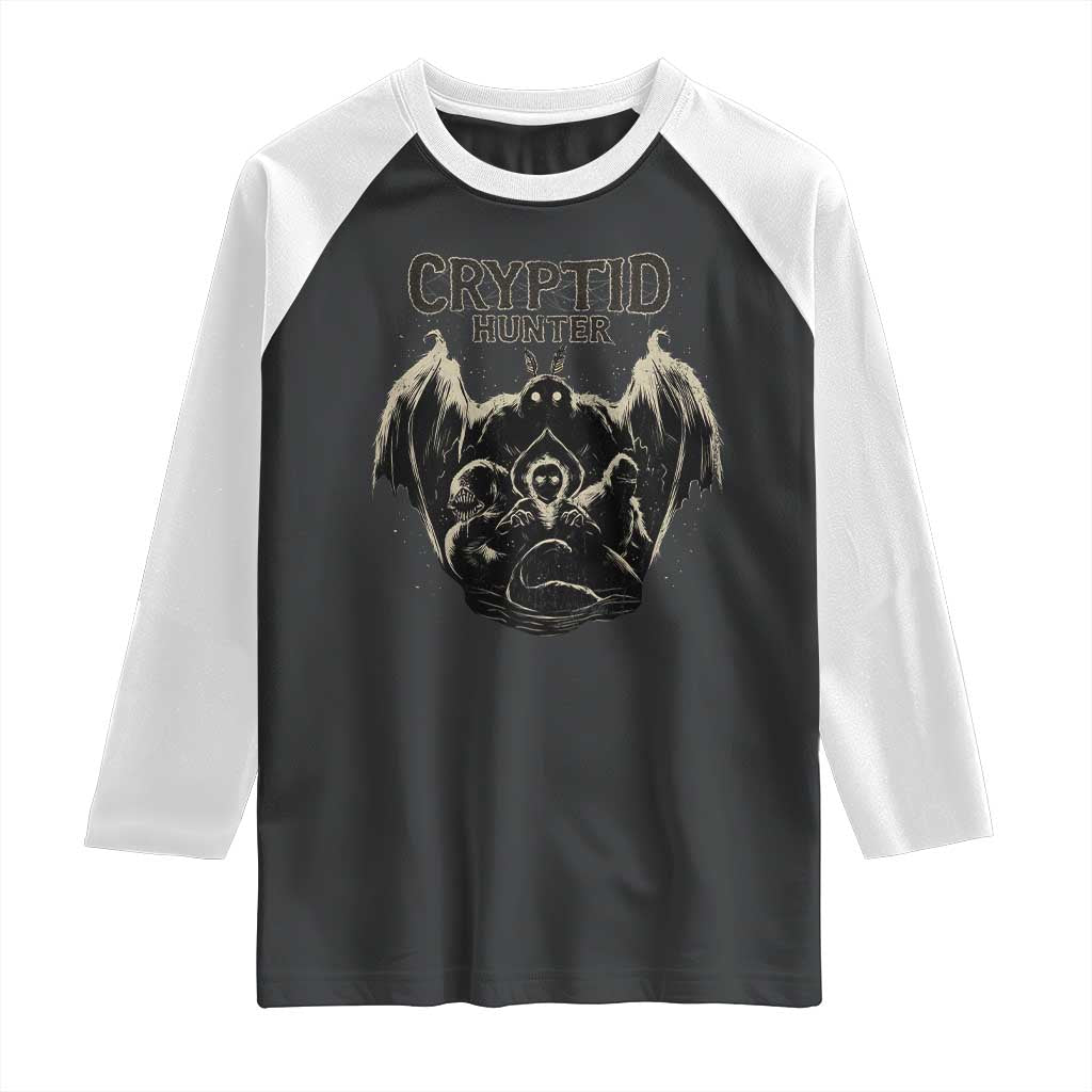Retro Cryptid Hunter Raglan Shirt Mothman Bigfoot Loch Ness Monster Cryptids - Wonder Print Shop