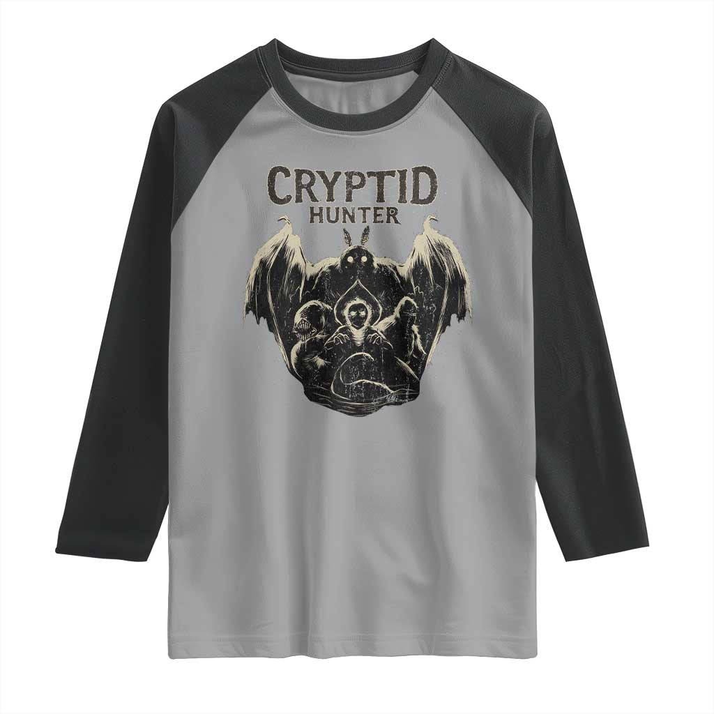 Retro Cryptid Hunter Raglan Shirt Mothman Bigfoot Loch Ness Monster Cryptids - Wonder Print Shop