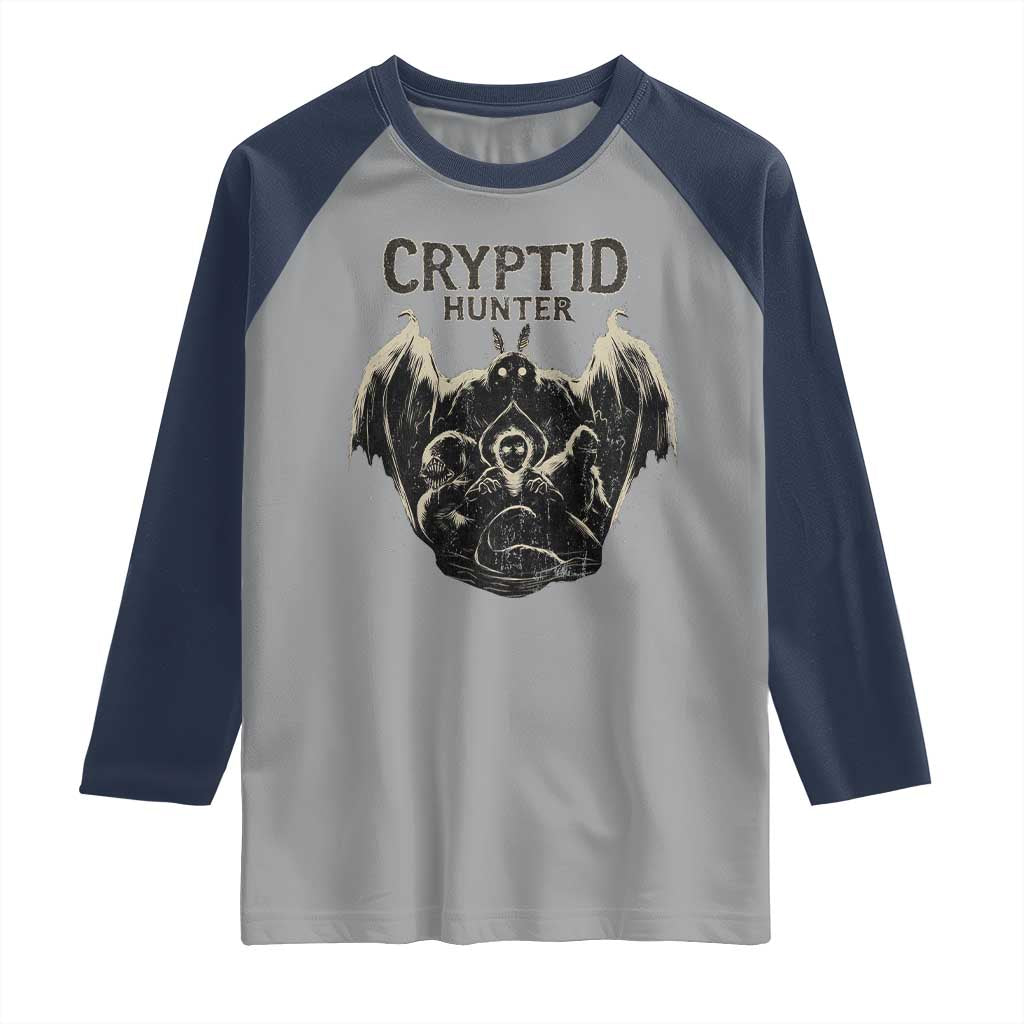 Retro Cryptid Hunter Raglan Shirt Mothman Bigfoot Loch Ness Monster Cryptids - Wonder Print Shop