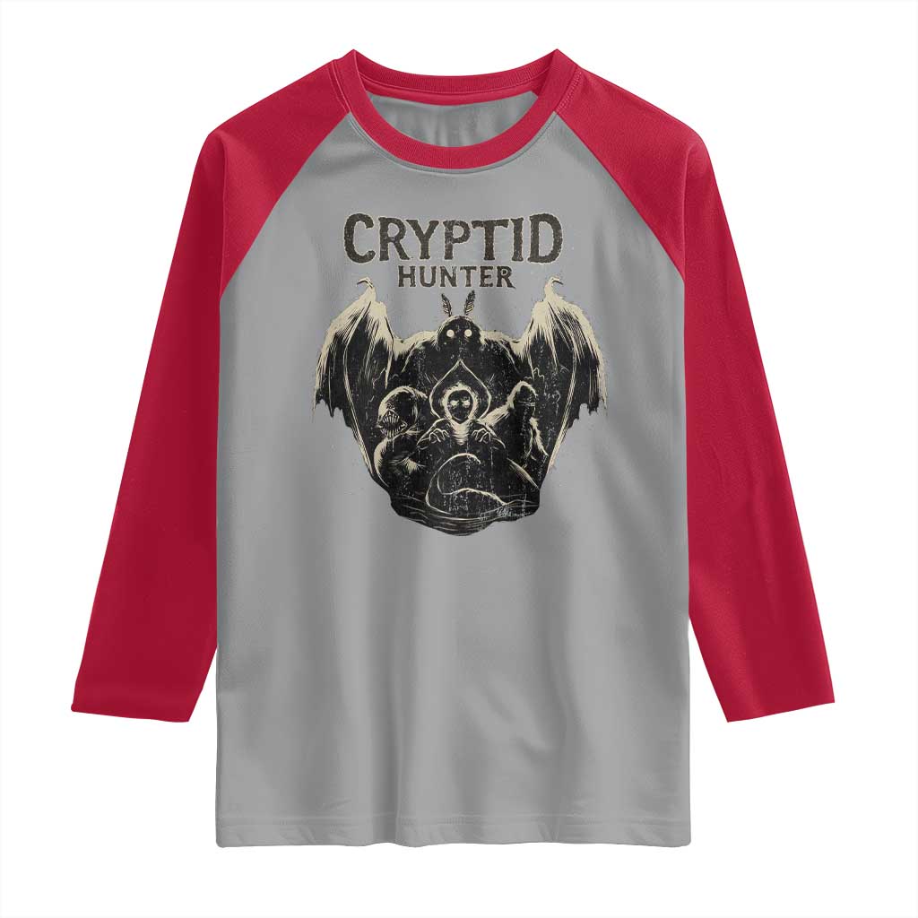 Retro Cryptid Hunter Raglan Shirt Mothman Bigfoot Loch Ness Monster Cryptids - Wonder Print Shop