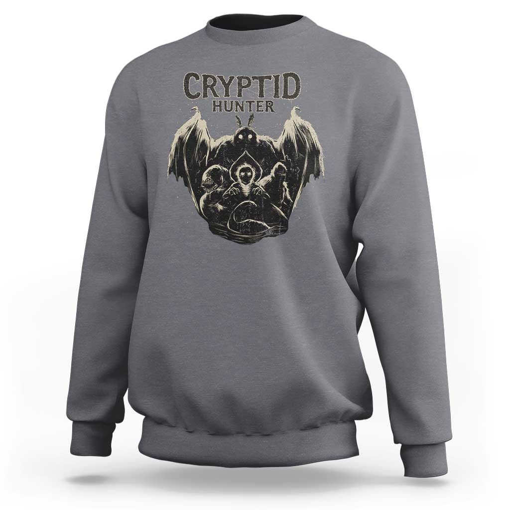 Retro Cryptid Hunter Sweatshirt Mothman Bigfoot Loch Ness Monster Cryptids - Wonder Print Shop