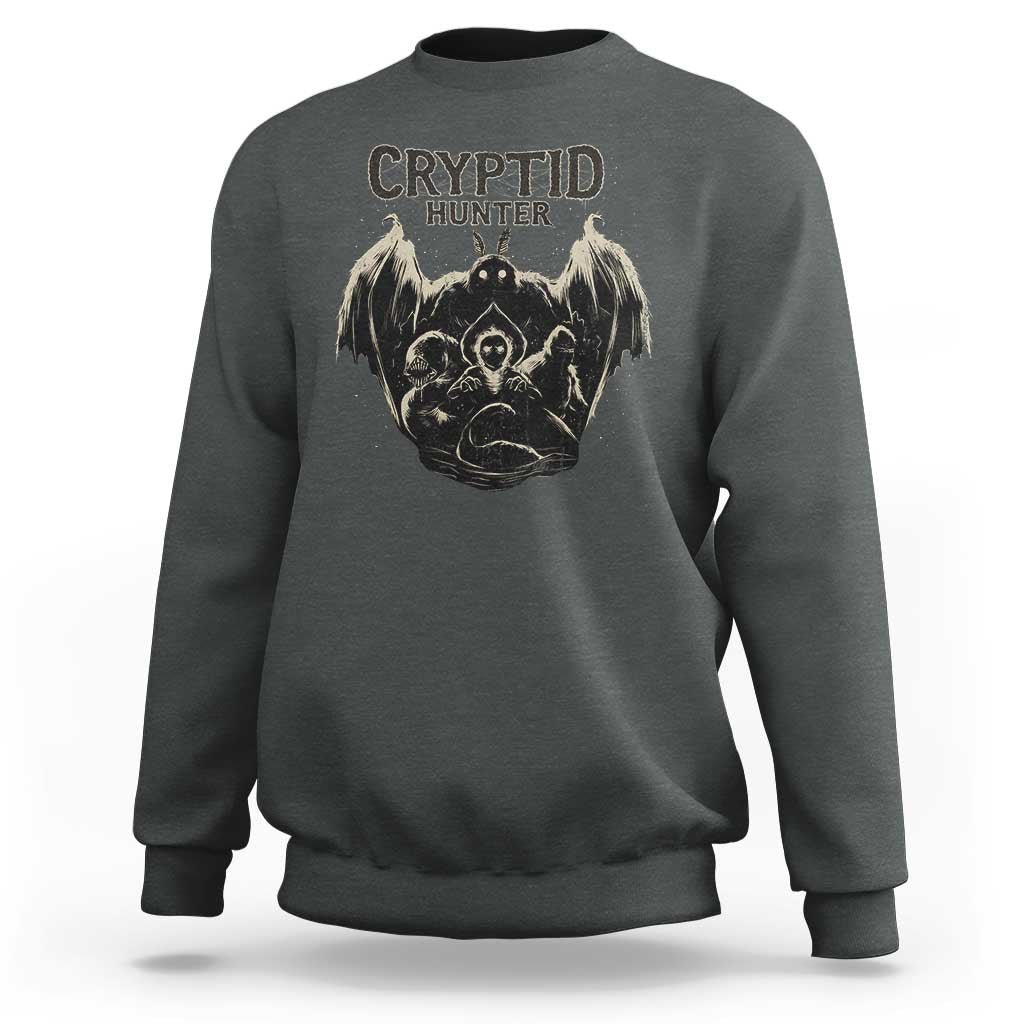 Retro Cryptid Hunter Sweatshirt Mothman Bigfoot Loch Ness Monster Cryptids - Wonder Print Shop