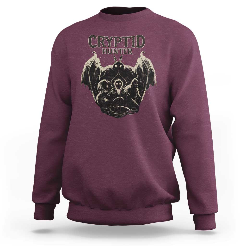 Retro Cryptid Hunter Sweatshirt Mothman Bigfoot Loch Ness Monster Cryptids - Wonder Print Shop