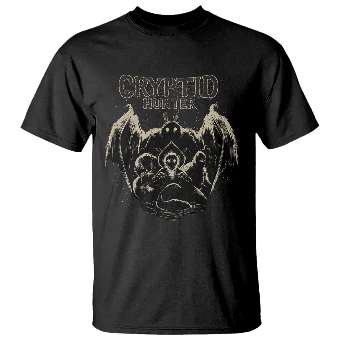 Retro Cryptid Hunter T Shirt Mothman Bigfoot Loch Ness Monster Cryptids - Wonder Print Shop