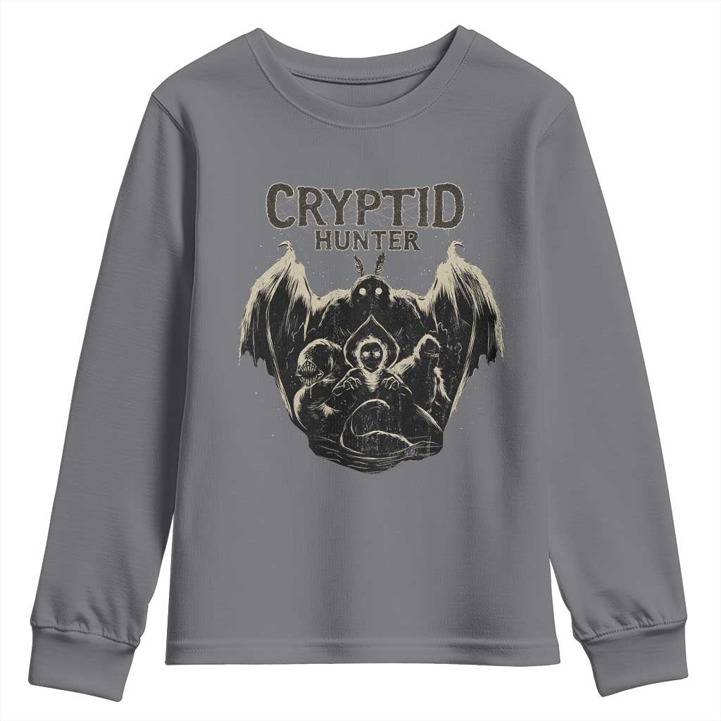 Retro Cryptid Hunter Youth Sweatshirt Mothman Bigfoot Loch Ness Monster Cryptids - Wonder Print Shop
