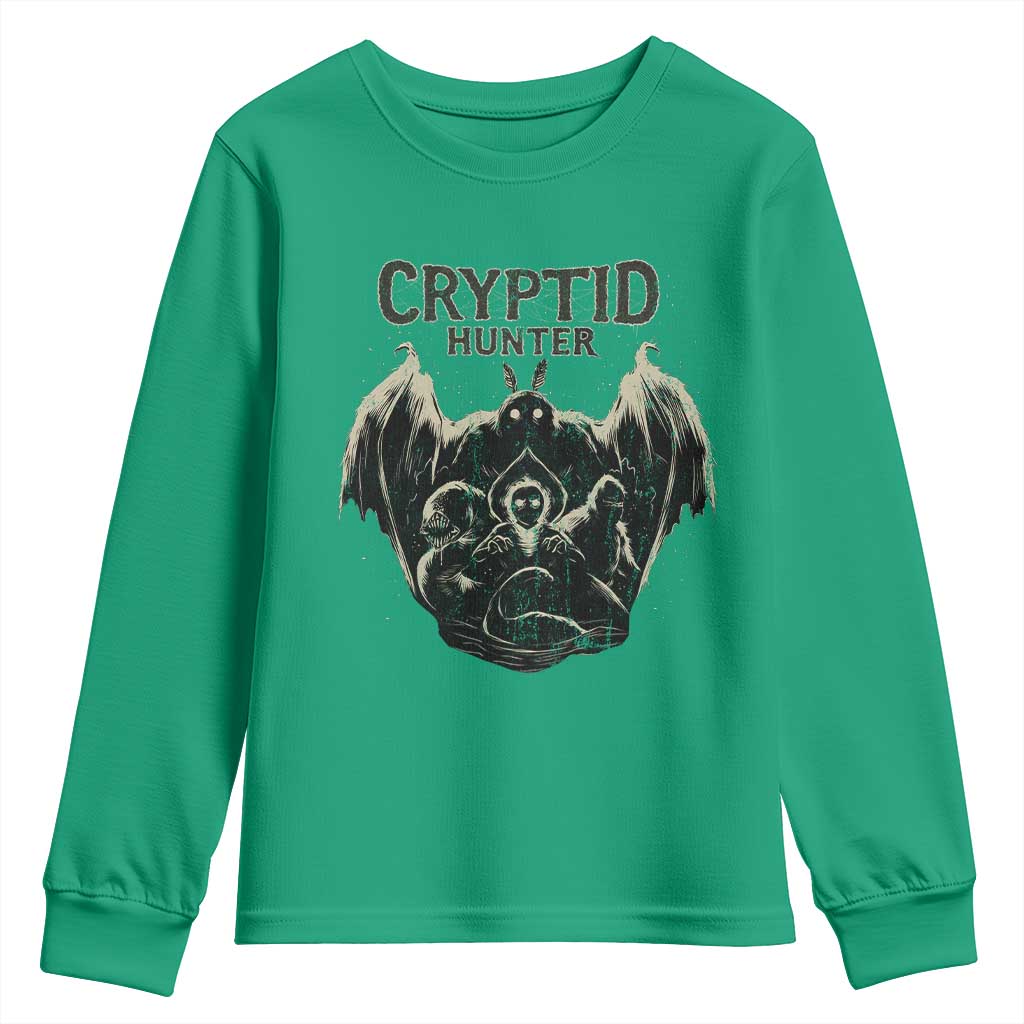 Retro Cryptid Hunter Youth Sweatshirt Mothman Bigfoot Loch Ness Monster Cryptids - Wonder Print Shop