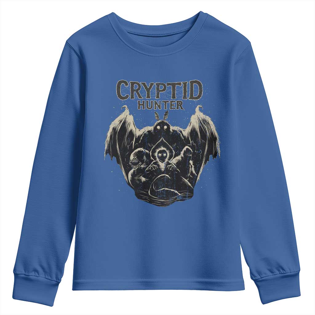 Retro Cryptid Hunter Youth Sweatshirt Mothman Bigfoot Loch Ness Monster Cryptids - Wonder Print Shop