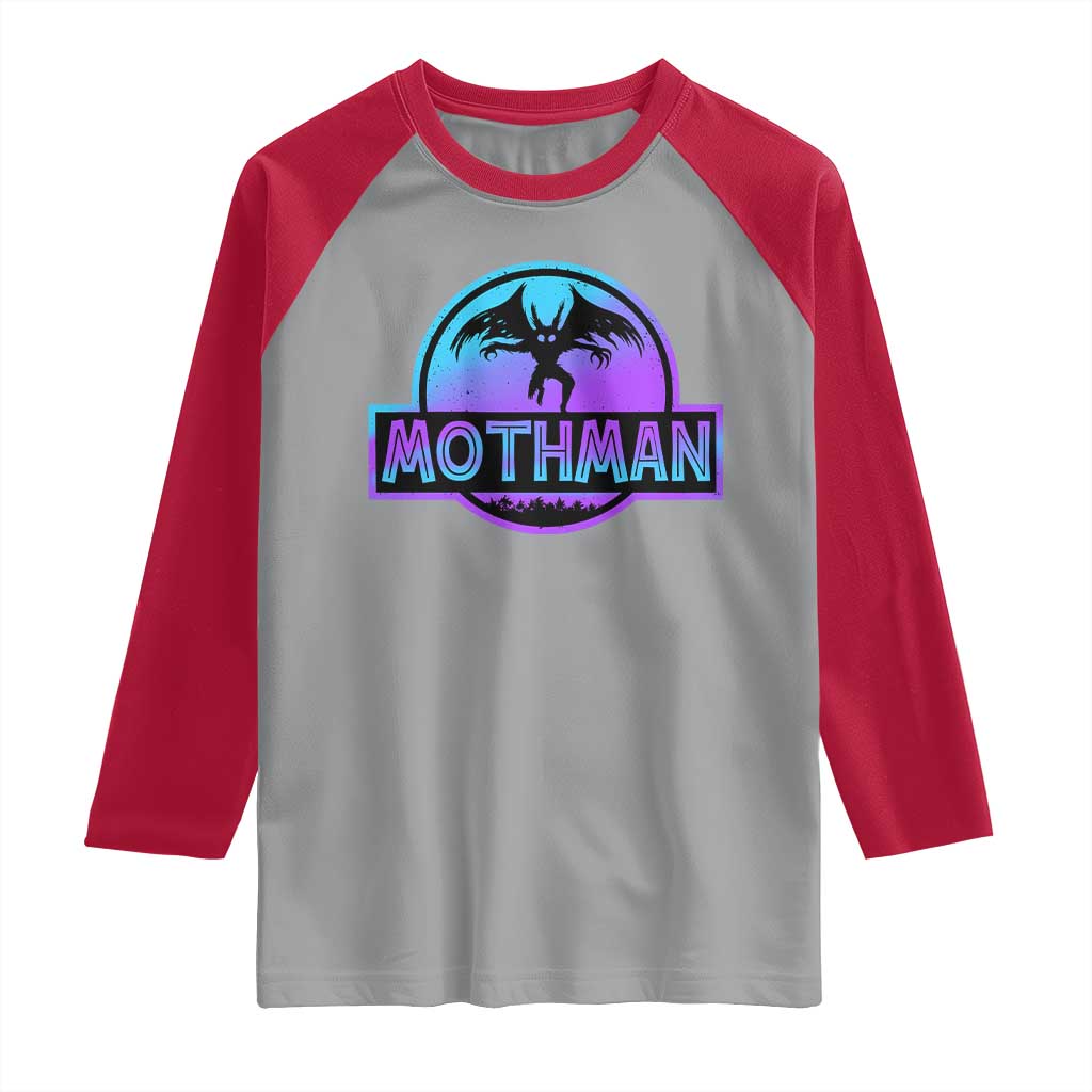 Mothman Raglan Shirt Retro Neon Cryptid Paranormal Horror Monster - Wonder Print Shop