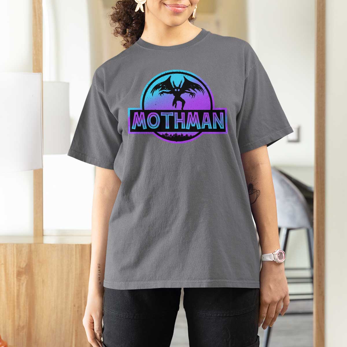 Mothman T Shirt For Women Retro Neon Cryptid Paranormal Horror Monster - Wonder Print Shop