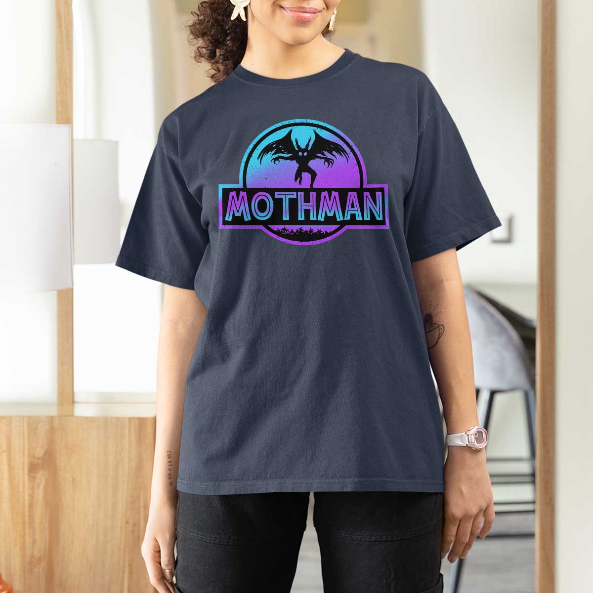 Mothman T Shirt For Women Retro Neon Cryptid Paranormal Horror Monster - Wonder Print Shop