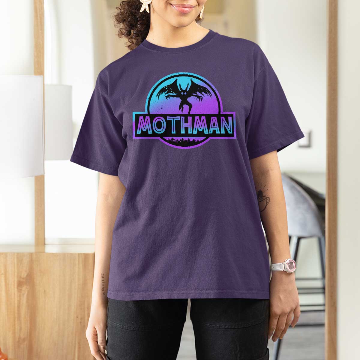 Mothman T Shirt For Women Retro Neon Cryptid Paranormal Horror Monster - Wonder Print Shop