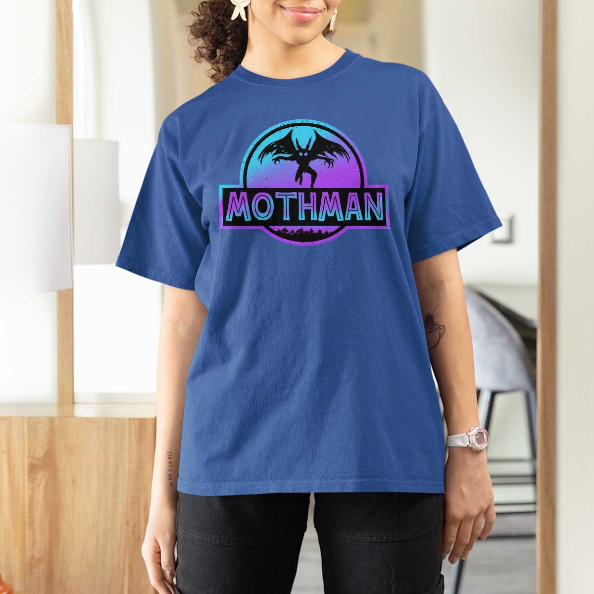 Mothman T Shirt For Women Retro Neon Cryptid Paranormal Horror Monster - Wonder Print Shop