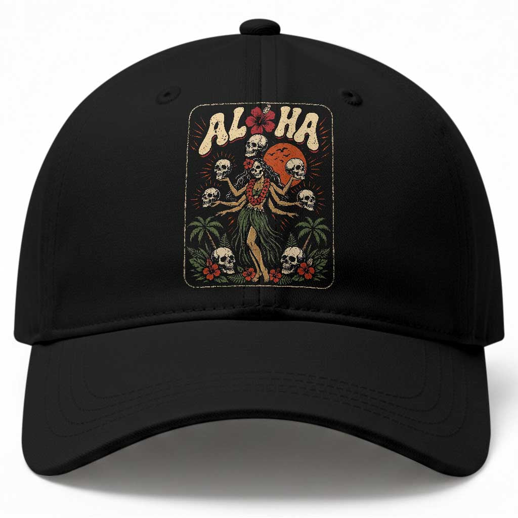 Aloha Skull Baseball Cap Hibiscus Flower Hula Dancer Dark Tropical Beach Gothic Hawaiian Vibe