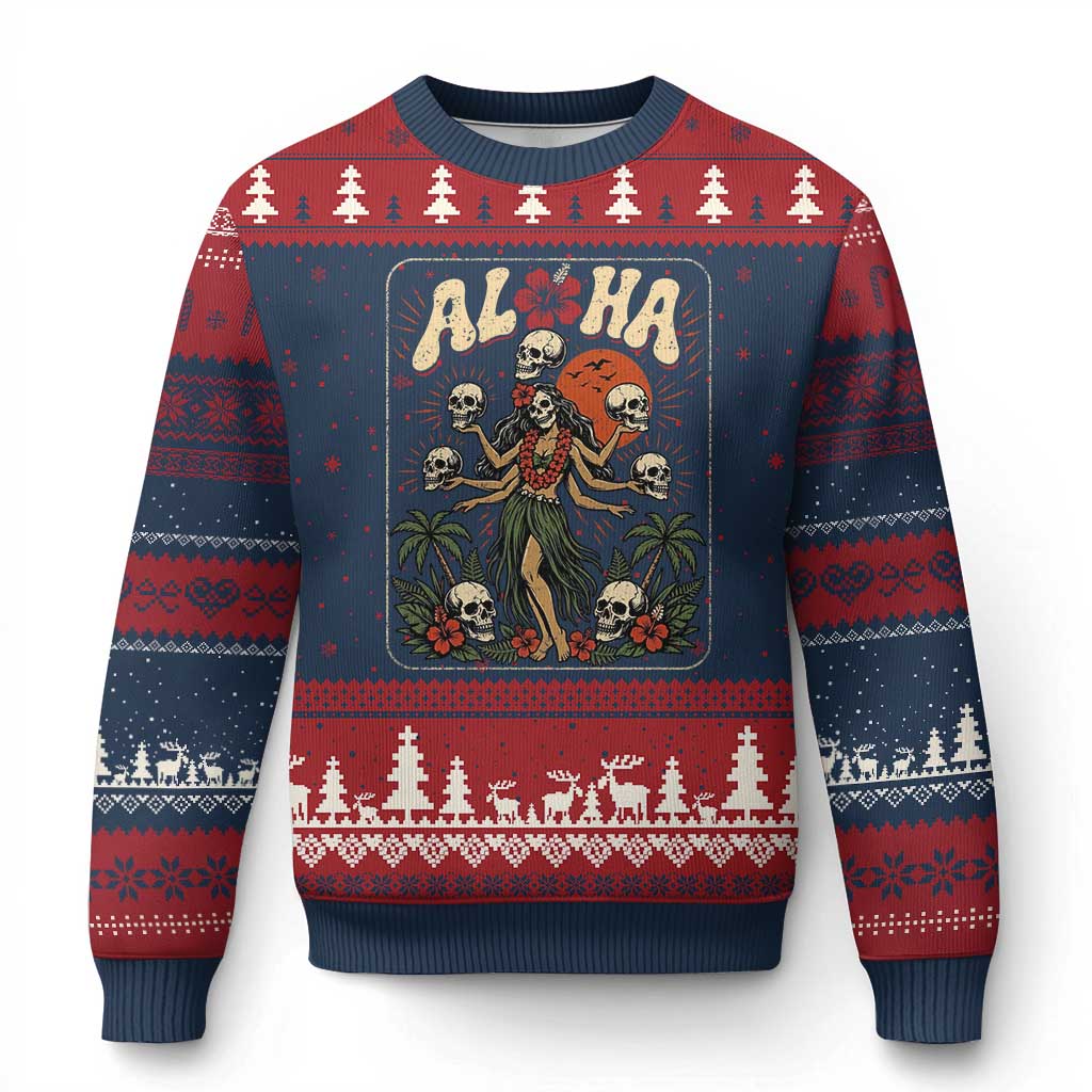Aloha Skull Ugly Christmas Sweater Hibiscus Flower Hula Dancer Dark Tropical Beach Gothic Hawaiian Vibe