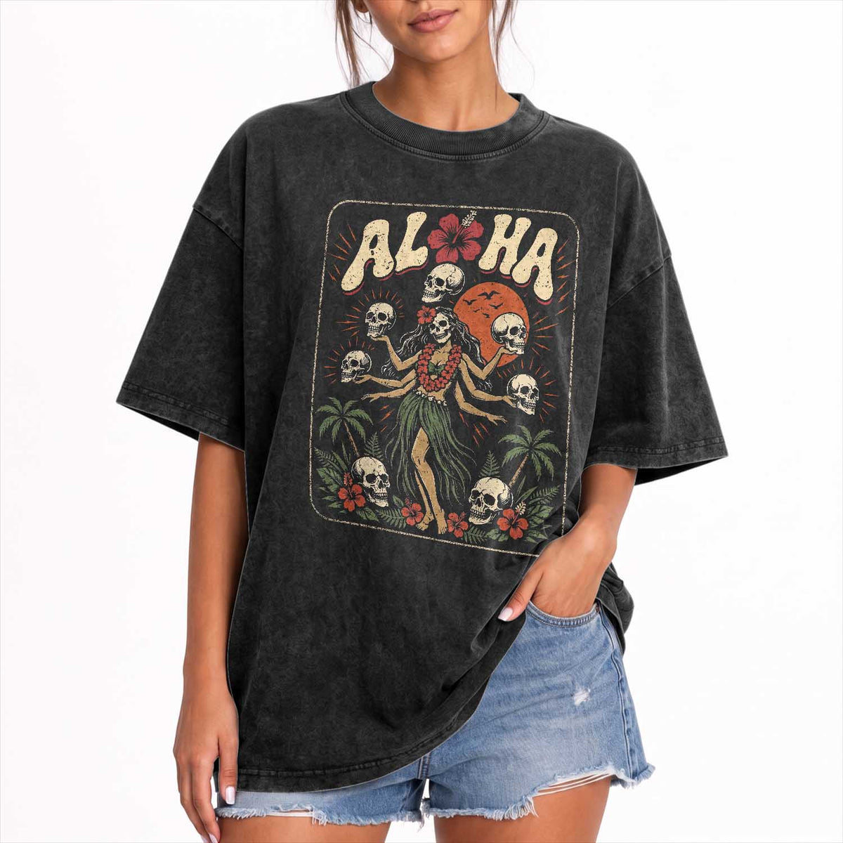 Aloha Skull Washed Cotton T-Shirt Hibiscus Flower Hula Dancer Dark Tropical Beach Gothic Hawaiian Vibe