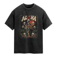 Aloha Skull Washed Cotton T-Shirt Hibiscus Flower Hula Dancer Dark Tropical Beach Gothic Hawaiian Vibe