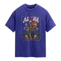 Aloha Skull Washed Cotton T-Shirt Hibiscus Flower Hula Dancer Dark Tropical Beach Gothic Hawaiian Vibe