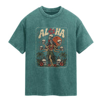 Aloha Skull Washed Cotton T-Shirt Hibiscus Flower Hula Dancer Dark Tropical Beach Gothic Hawaiian Vibe