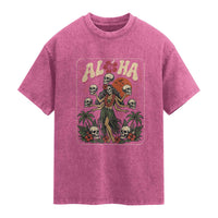 Aloha Skull Washed Cotton T-Shirt Hibiscus Flower Hula Dancer Dark Tropical Beach Gothic Hawaiian Vibe
