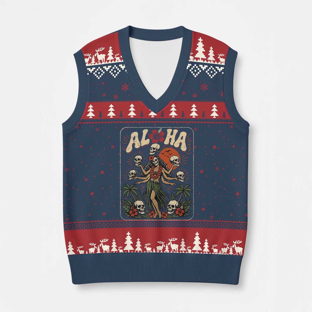 Aloha Skull V-Neck Knit Sweater Vest Hibiscus Flower Hula Dancer Dark Tropical Beach Gothic Hawaiian Vibe