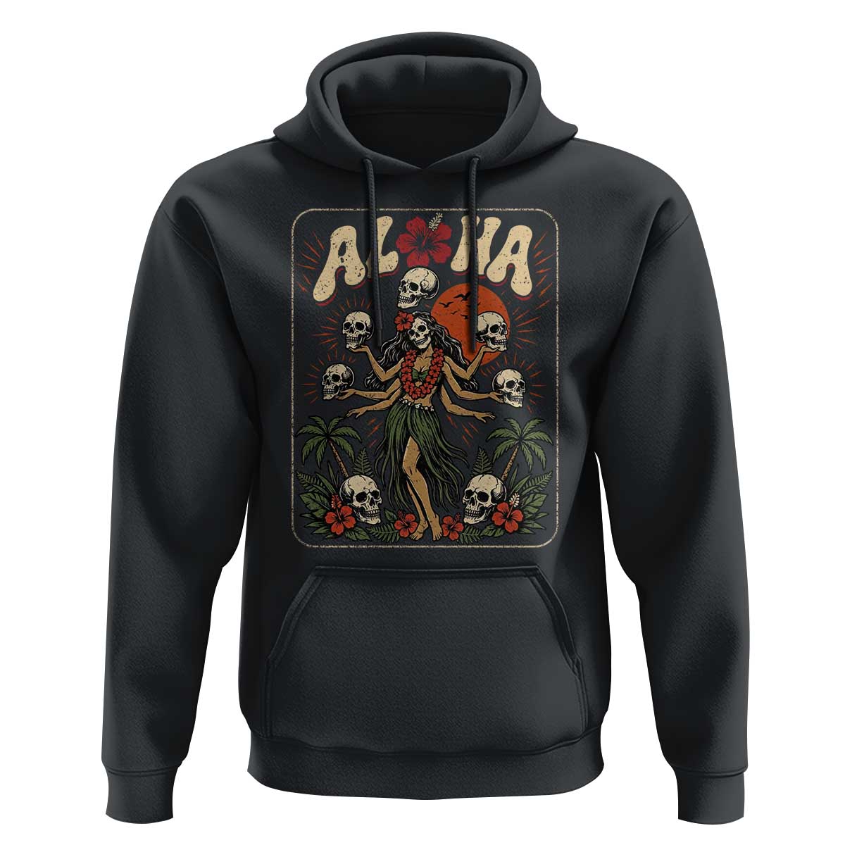 Aloha Skull Hoodie Hibiscus Flower Hula Dancer Dark Tropical Beach Gothic Hawaiian Vibe