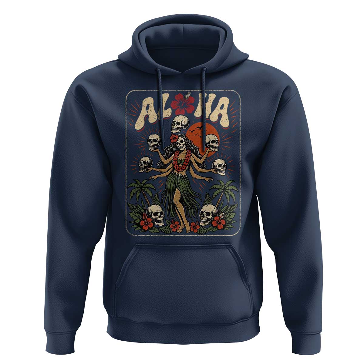 Aloha Skull Hoodie Hibiscus Flower Hula Dancer Dark Tropical Beach Gothic Hawaiian Vibe