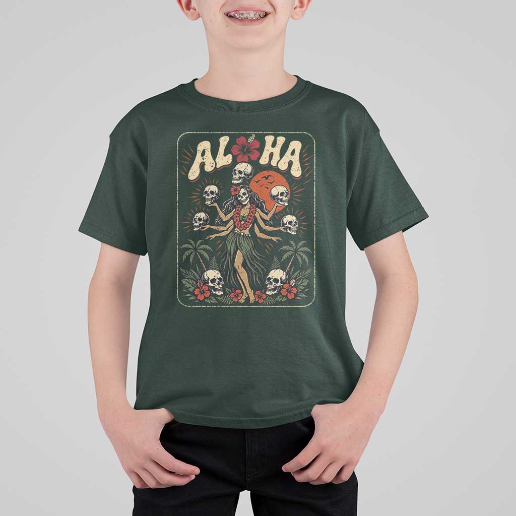 Aloha Skull T Shirt For Kid Hibiscus Flower Hula Dancer Dark Tropical Beach Gothic Hawaiian Vibe