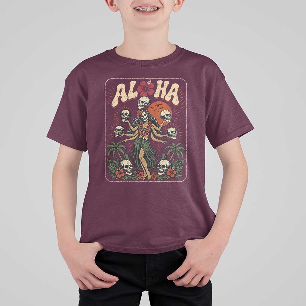 Aloha Skull T Shirt For Kid Hibiscus Flower Hula Dancer Dark Tropical Beach Gothic Hawaiian Vibe