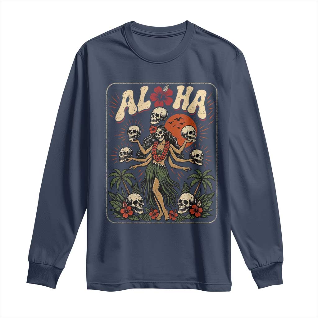 Aloha Skull Long Sleeve Shirt Hibiscus Flower Hula Dancer Dark Tropical Beach Gothic Hawaiian Vibe