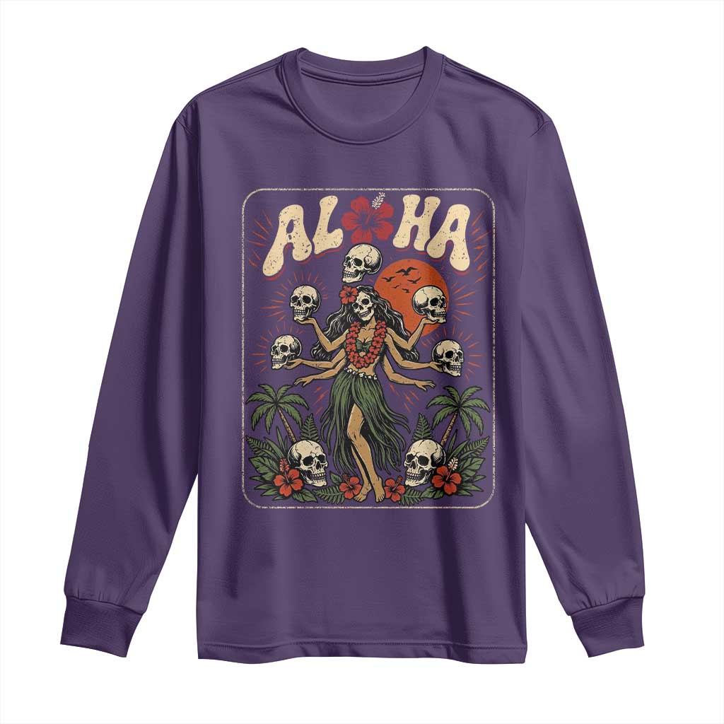 Aloha Skull Long Sleeve Shirt Hibiscus Flower Hula Dancer Dark Tropical Beach Gothic Hawaiian Vibe