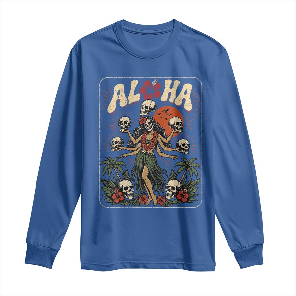 Aloha Skull Long Sleeve Shirt Hibiscus Flower Hula Dancer Dark Tropical Beach Gothic Hawaiian Vibe