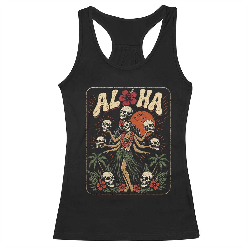 Aloha Skull Racerback Tank Top Hibiscus Flower Hula Dancer Dark Tropical Beach Gothic Hawaiian Vibe