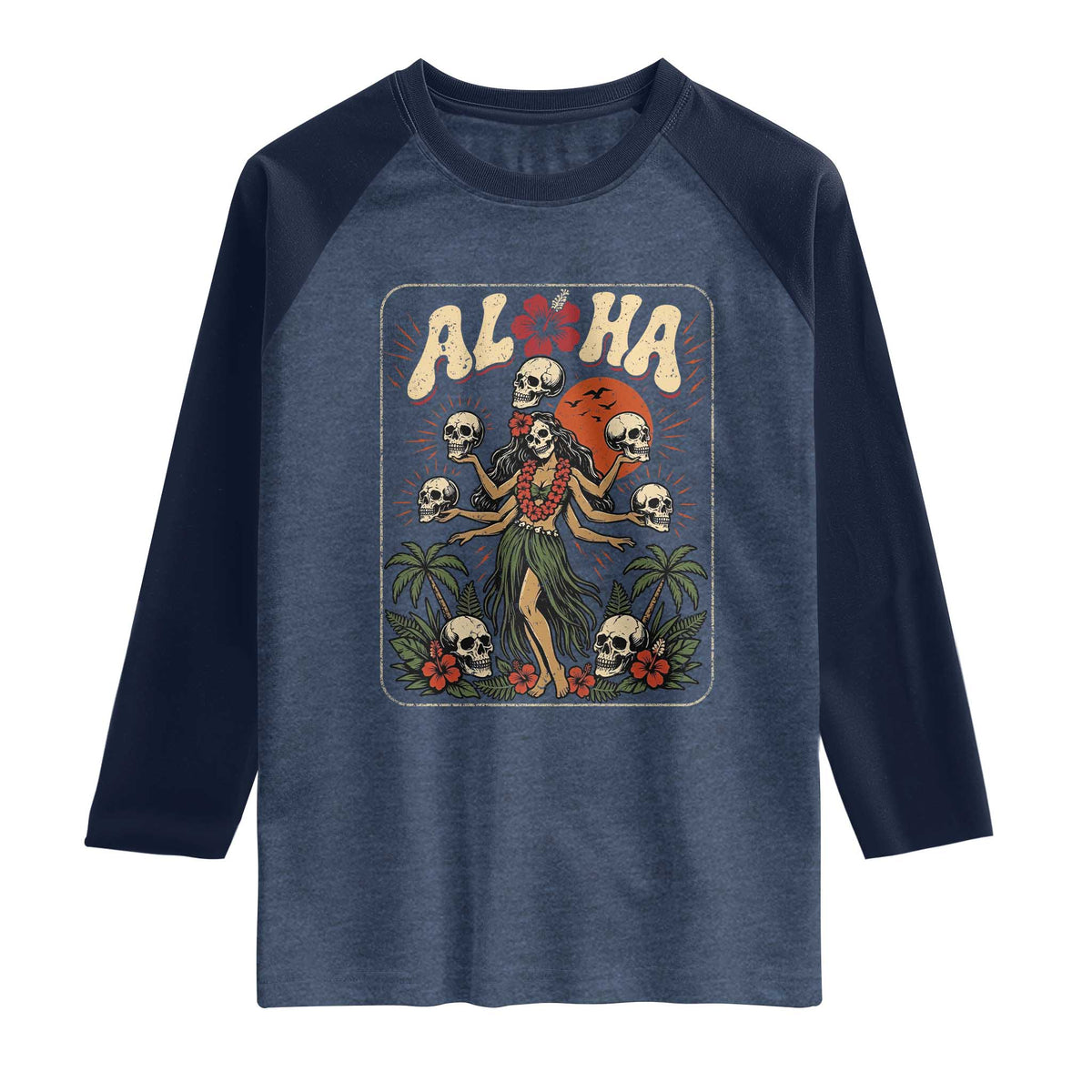 Aloha Skull Raglan Shirt Hibiscus Flower Hula Dancer Dark Tropical Beach Gothic Hawaiian Vibe