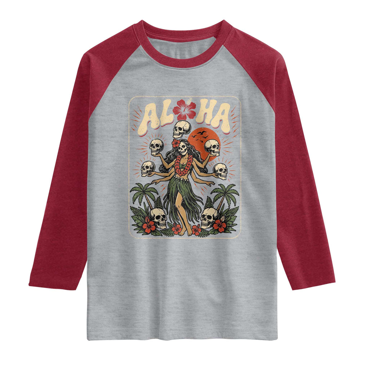 Aloha Skull Raglan Shirt Hibiscus Flower Hula Dancer Dark Tropical Beach Gothic Hawaiian Vibe
