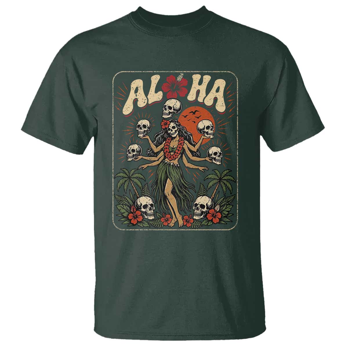 Aloha Skull T Shirt Hibiscus Flower Hula Dancer Dark Tropical Beach Gothic Hawaiian Vibe