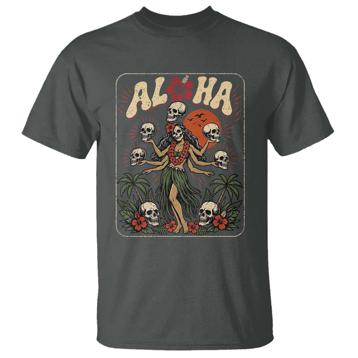 Aloha Skull T Shirt Hibiscus Flower Hula Dancer Dark Tropical Beach Gothic Hawaiian Vibe