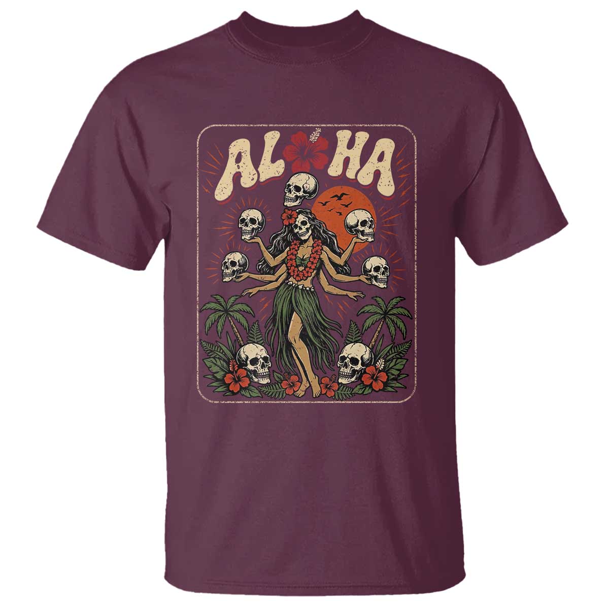 Aloha Skull T Shirt Hibiscus Flower Hula Dancer Dark Tropical Beach Gothic Hawaiian Vibe