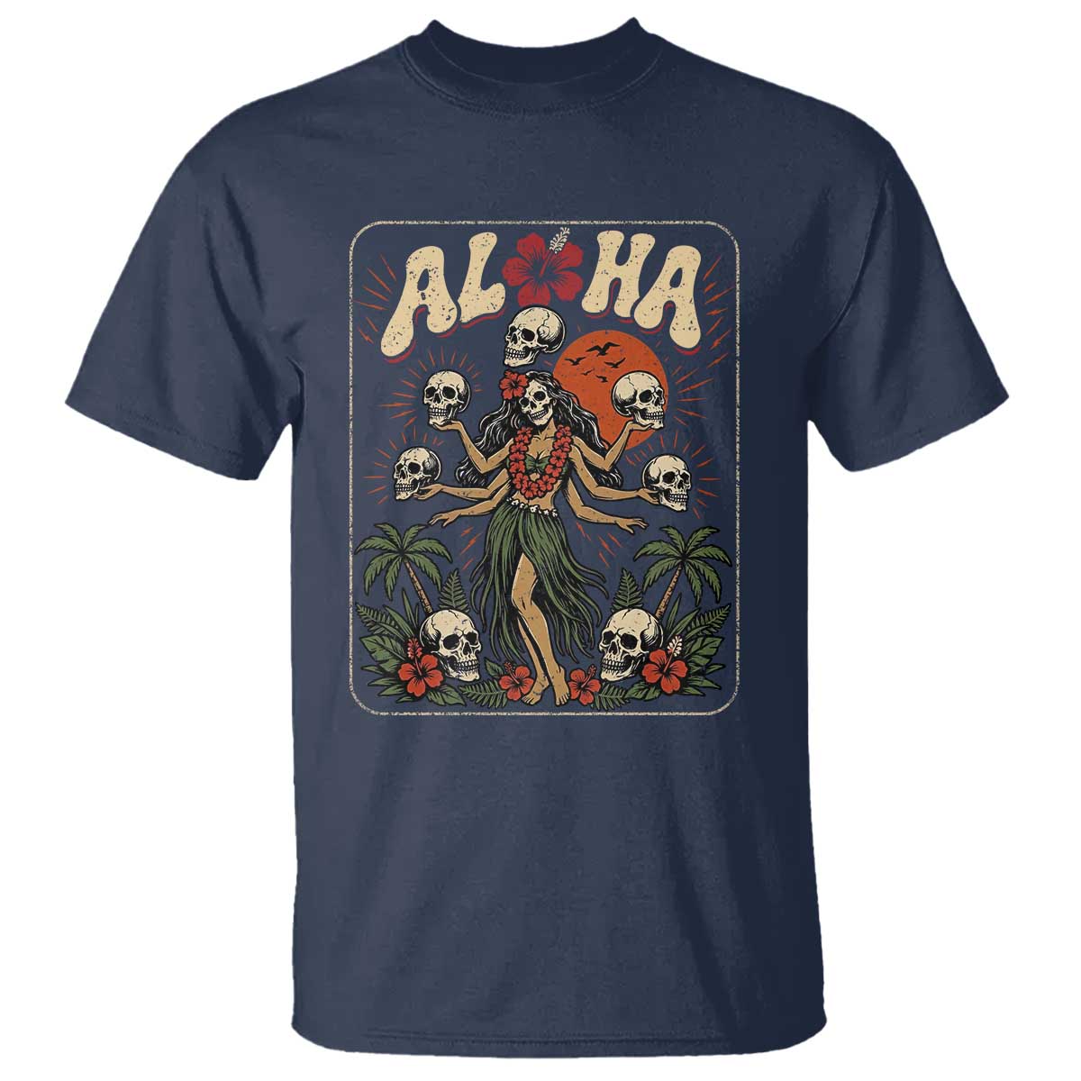 Aloha Skull T Shirt Hibiscus Flower Hula Dancer Dark Tropical Beach Gothic Hawaiian Vibe
