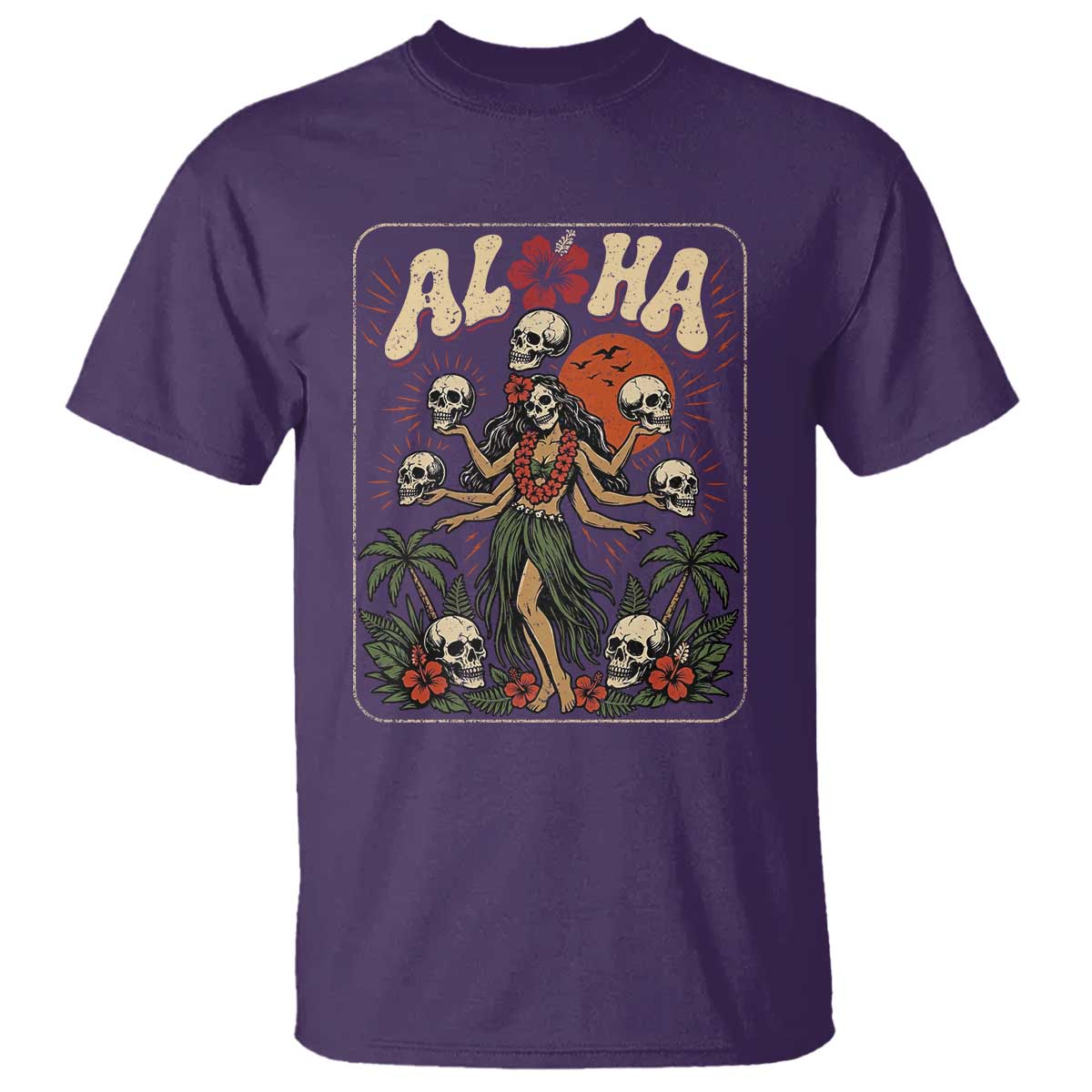 Aloha Skull T Shirt Hibiscus Flower Hula Dancer Dark Tropical Beach Gothic Hawaiian Vibe