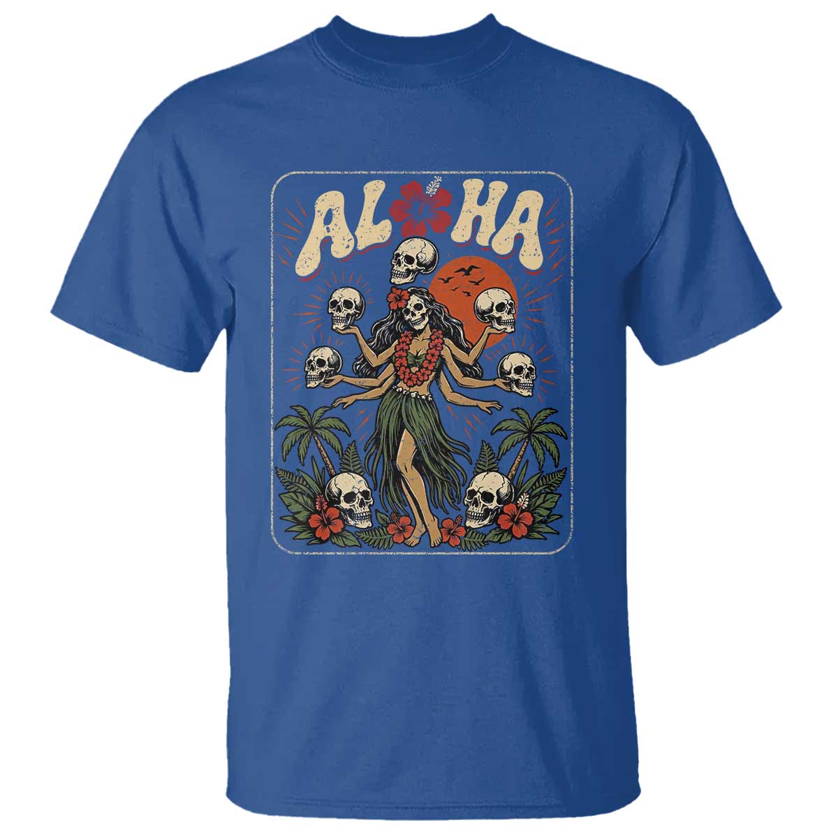 Aloha Skull T Shirt Hibiscus Flower Hula Dancer Dark Tropical Beach Gothic Hawaiian Vibe