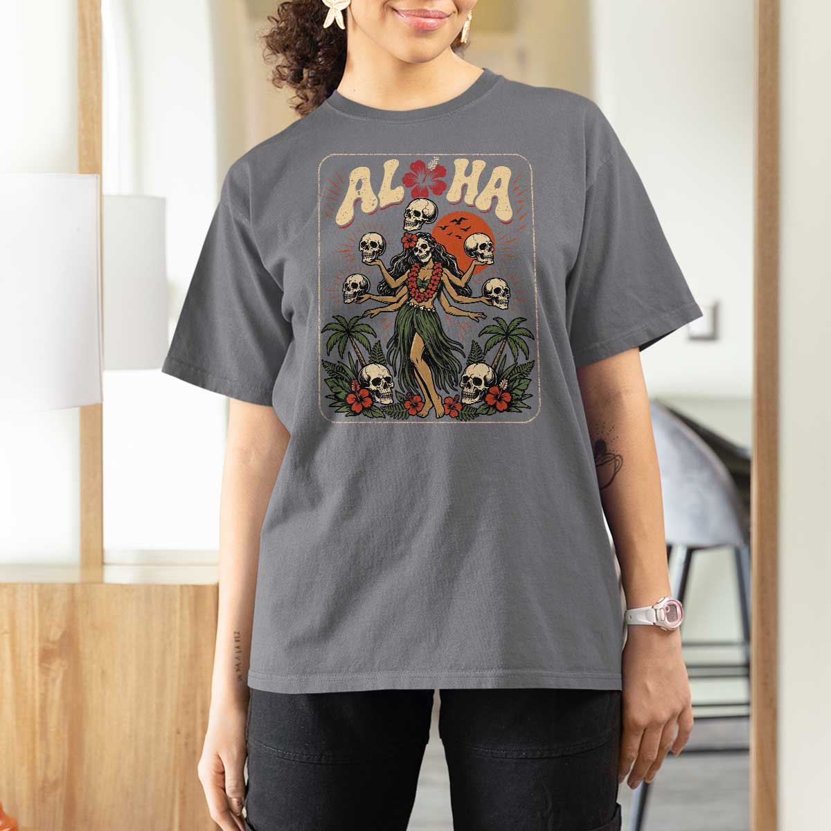 Aloha Skull T Shirt For Women Hibiscus Flower Hula Dancer Dark Tropical Beach Gothic Hawaiian Vibe