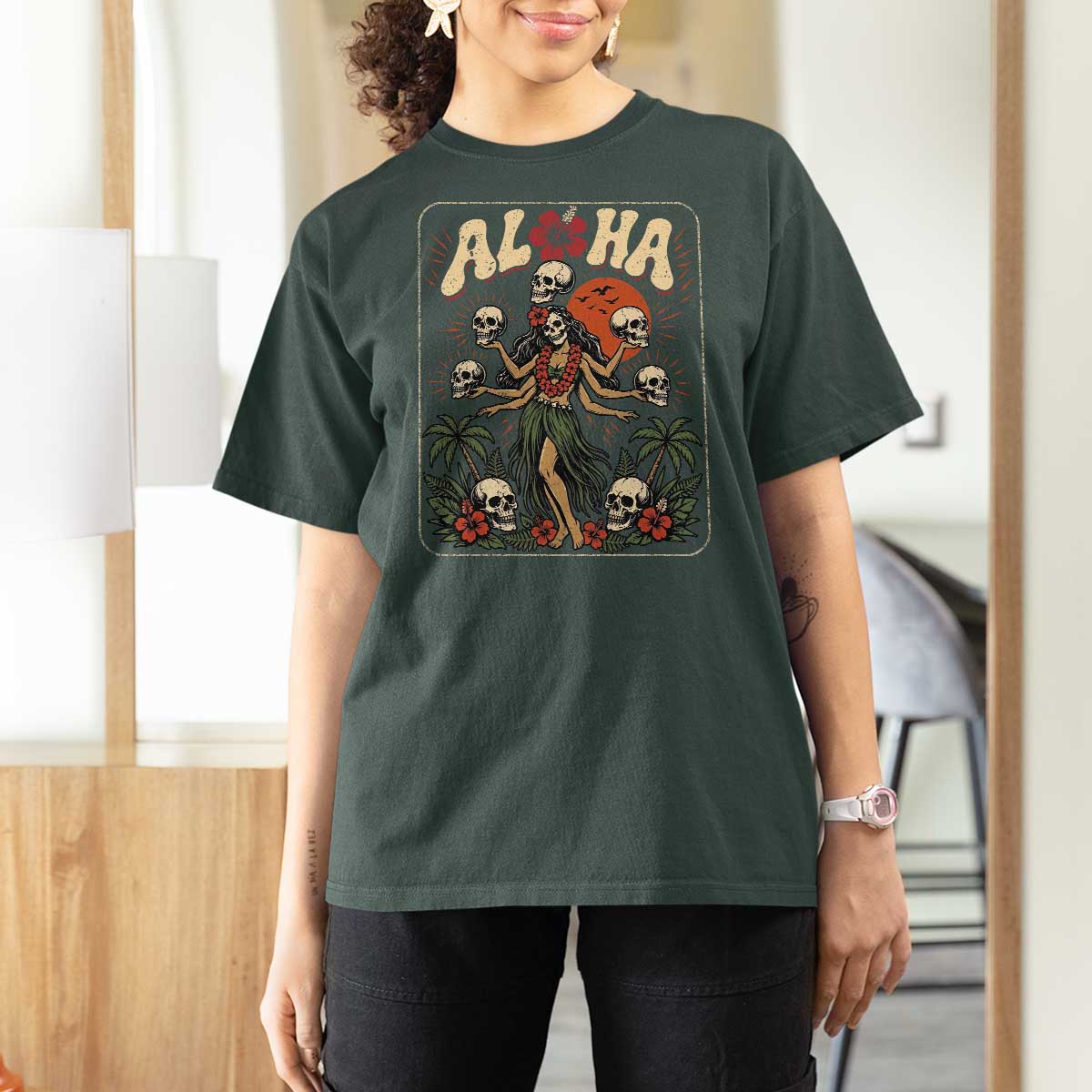 Aloha Skull T Shirt For Women Hibiscus Flower Hula Dancer Dark Tropical Beach Gothic Hawaiian Vibe