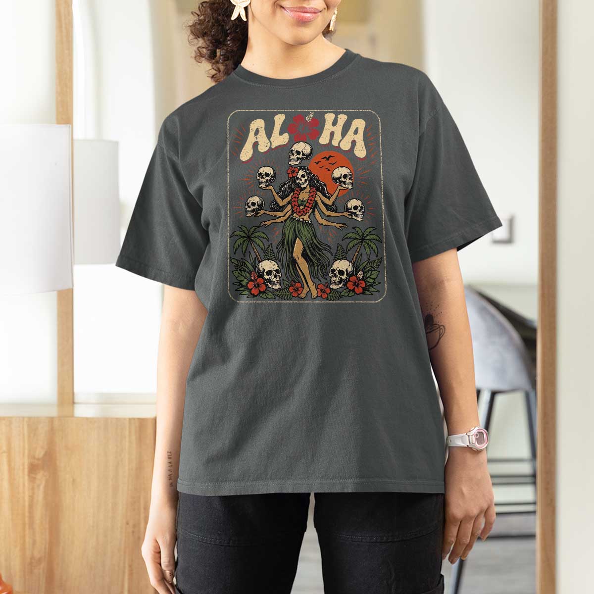 Aloha Skull T Shirt For Women Hibiscus Flower Hula Dancer Dark Tropical Beach Gothic Hawaiian Vibe