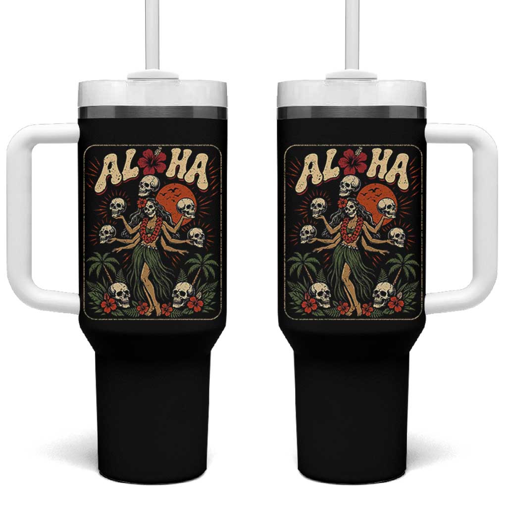 Aloha Skull Tumbler With Handle Hibiscus Flower Hula Dancer Dark Tropical Beach Gothic Hawaiian Vibe