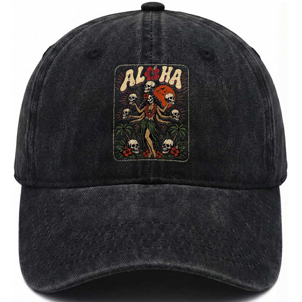 Aloha Skull Washed Cotton Baseball Cap Hibiscus Flower Hula Dancer Dark Tropical Beach Gothic Hawaiian Vibe