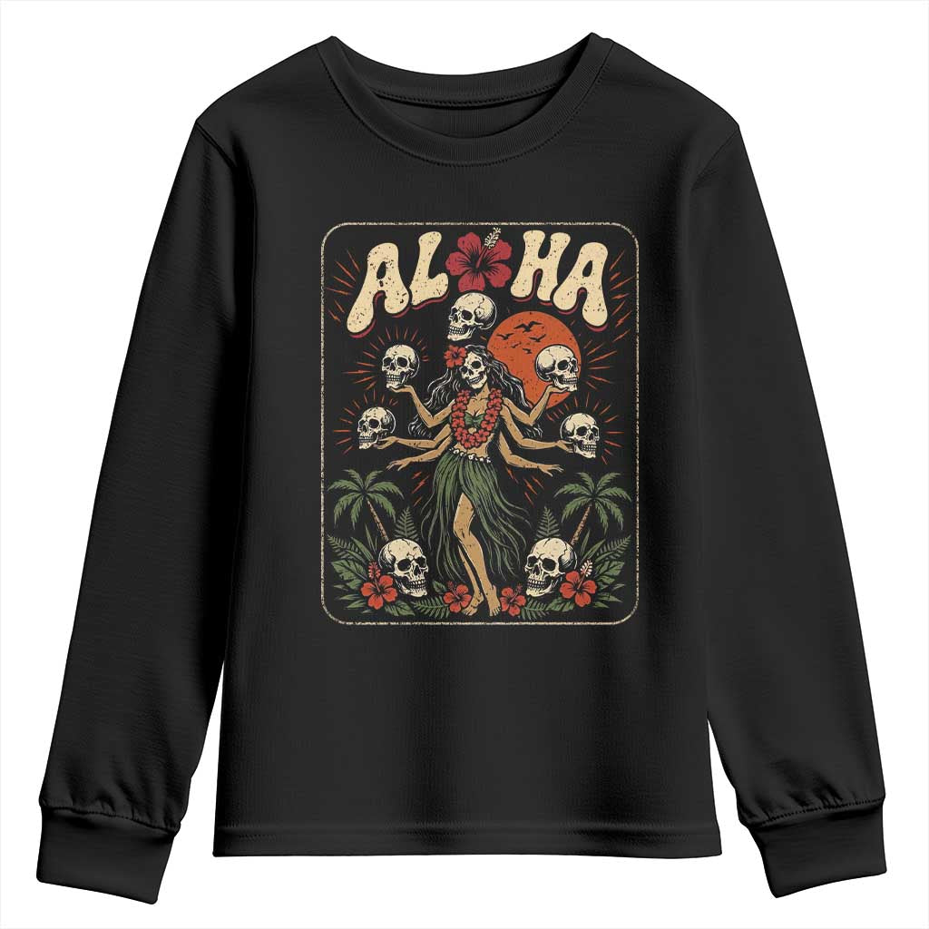 Aloha Skull Youth Sweatshirt Hibiscus Flower Hula Dancer Dark Tropical Beach Gothic Hawaiian Vibe