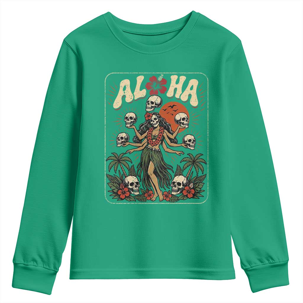 Aloha Skull Youth Sweatshirt Hibiscus Flower Hula Dancer Dark Tropical Beach Gothic Hawaiian Vibe