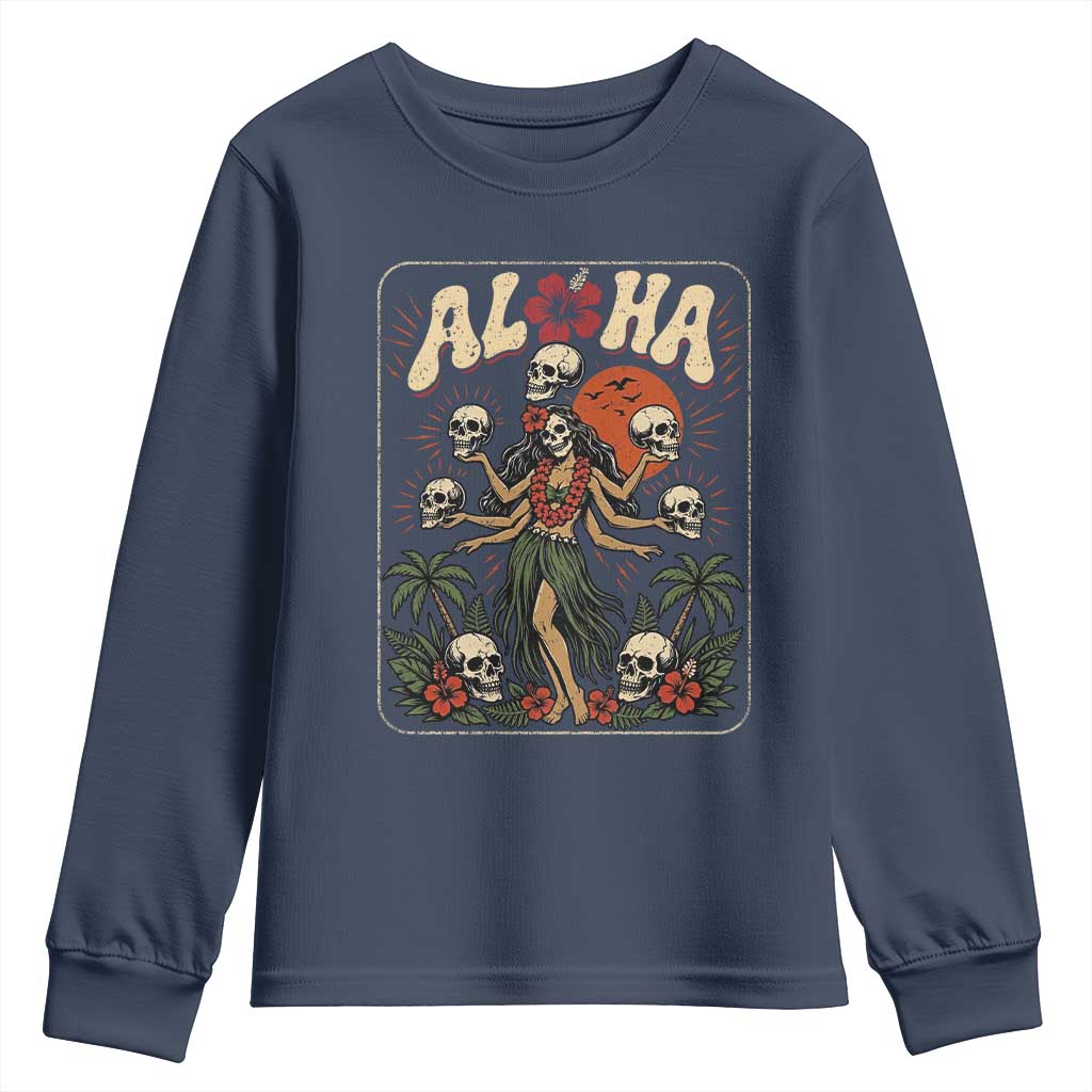 Aloha Skull Youth Sweatshirt Hibiscus Flower Hula Dancer Dark Tropical Beach Gothic Hawaiian Vibe