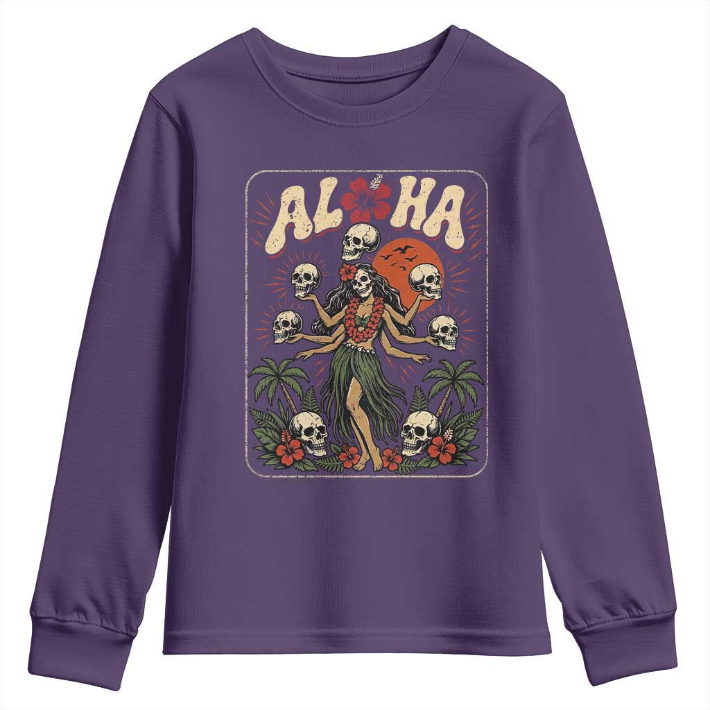 Aloha Skull Youth Sweatshirt Hibiscus Flower Hula Dancer Dark Tropical Beach Gothic Hawaiian Vibe