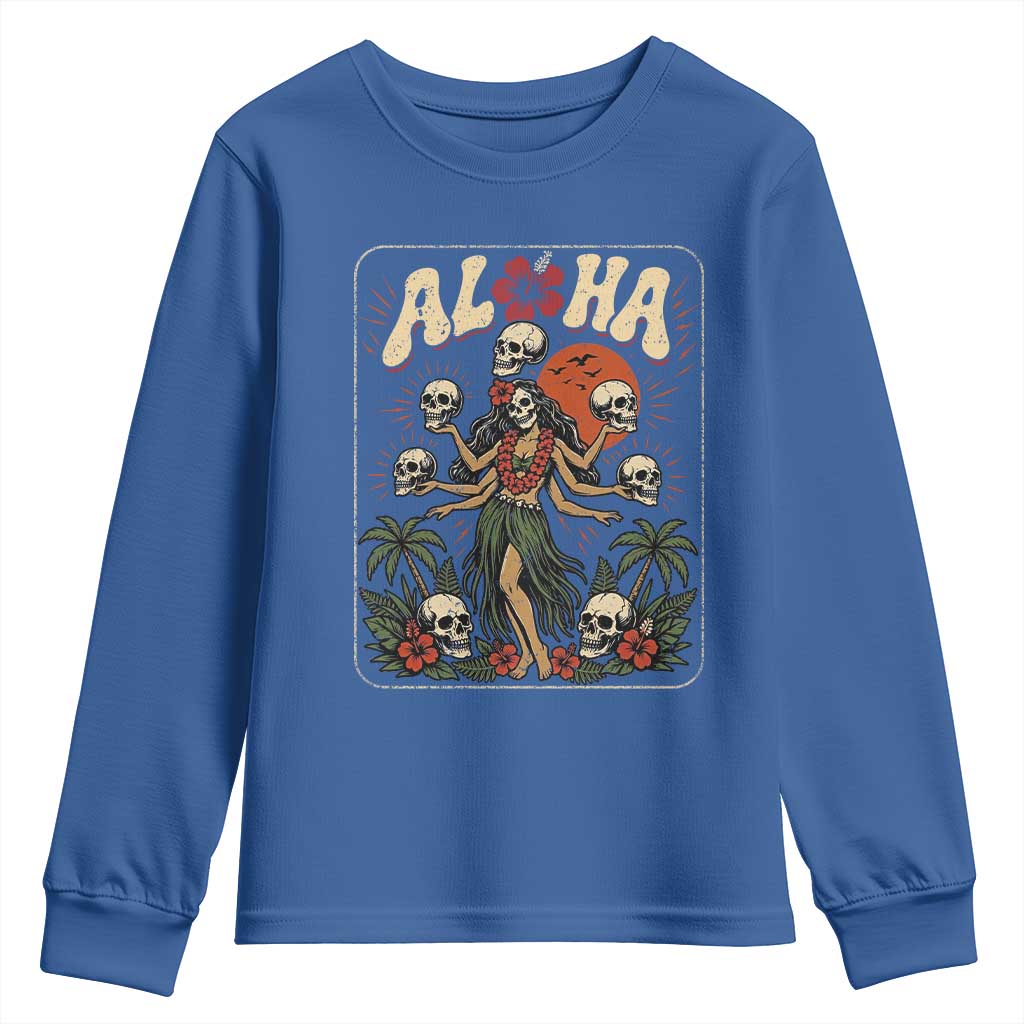 Aloha Skull Youth Sweatshirt Hibiscus Flower Hula Dancer Dark Tropical Beach Gothic Hawaiian Vibe